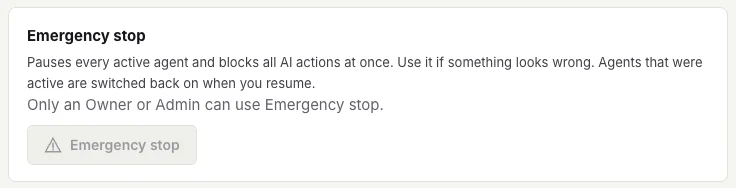 The emergency stop control in MFDIO settings: pauses every active agent and blocks all AI actions at once.